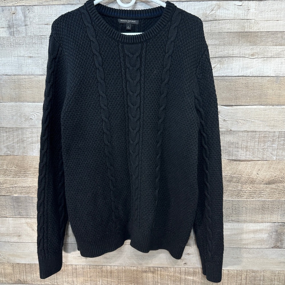 Banana Republic Mens Black Cable Knit Wool Blend Crew Neck Sweater Size L